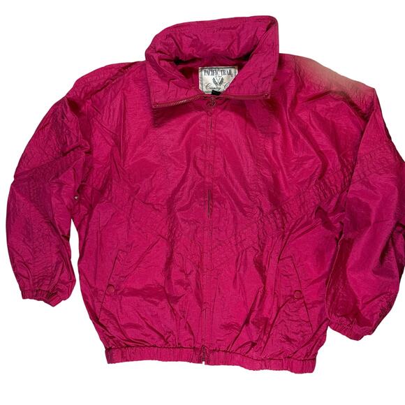 Vintage 90s Pacific Trail Hot Pink Windbreaker Jacket XL Hood Zip Pockets - Picture 3 of 10